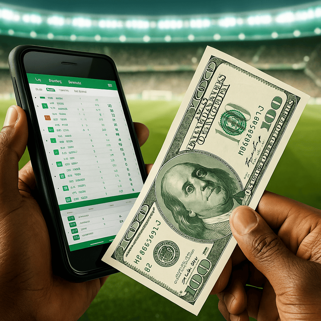Person placing a sports bet on a smartphone while holding dollar bills at a football stadium.