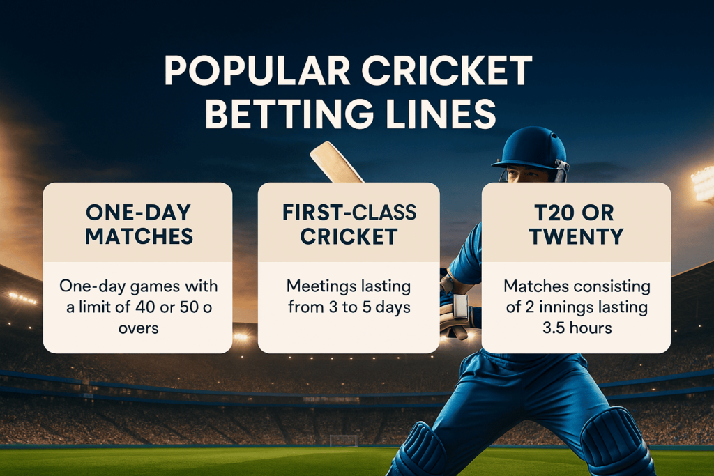Popular cricket betting lines infographic showing one-day, first-class, and T20 match types on a stadium background