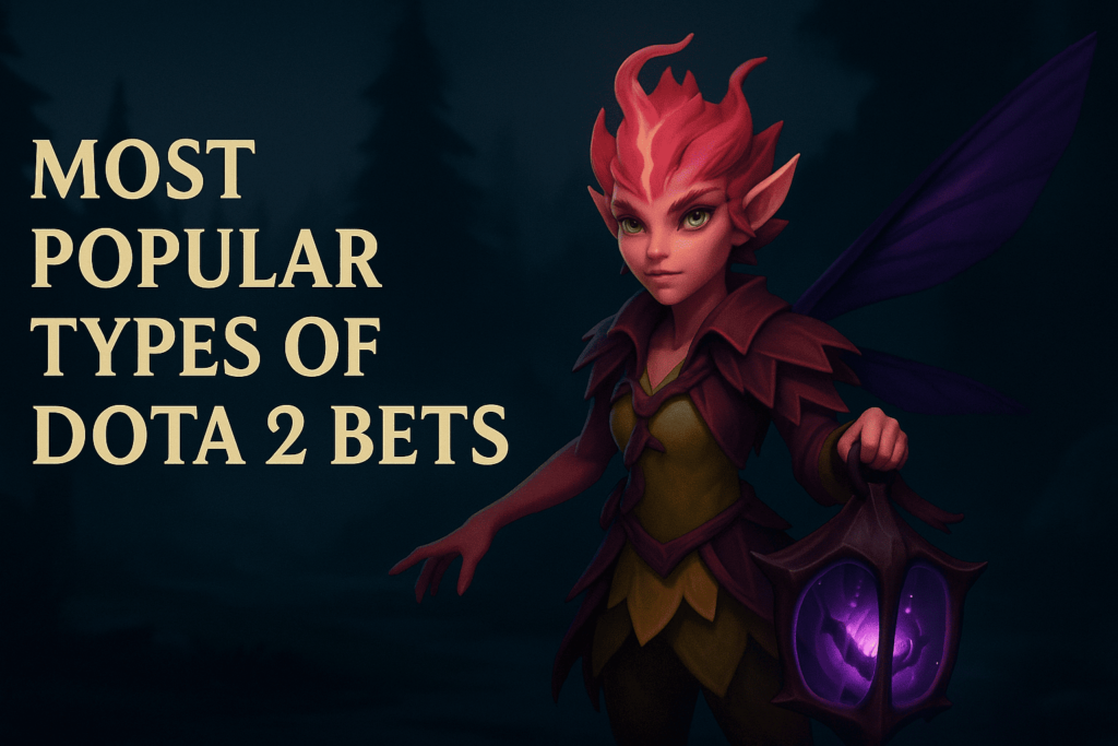 Dota 2 with the title "Most Popular Types of Dota 2 Bets" on a dark forest background