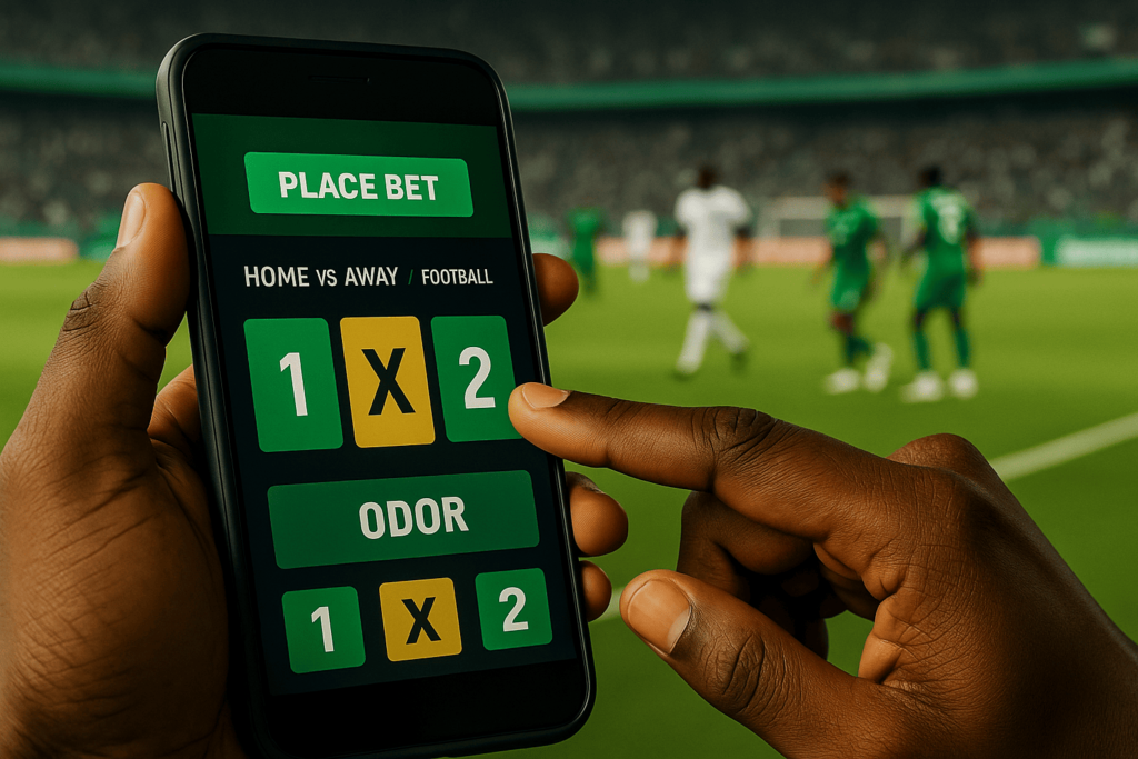 Person placing a football bet on a smartphone during a live match in a stadium, showing betting options on screen