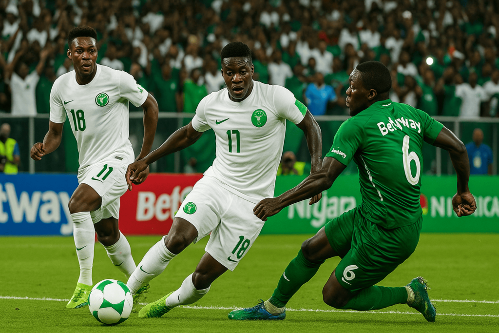 Football match action with Nigerian players competing for the ball during an intense game on a crowded stadium field