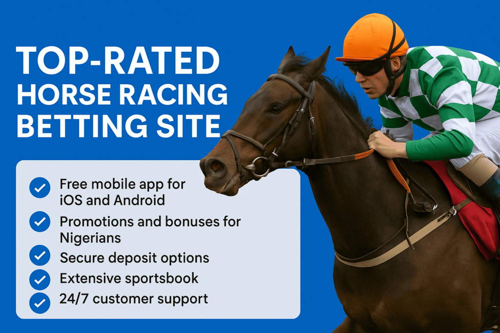 Top-rated horse racing betting site banner showing jockey on horse with key features and bonuses listed