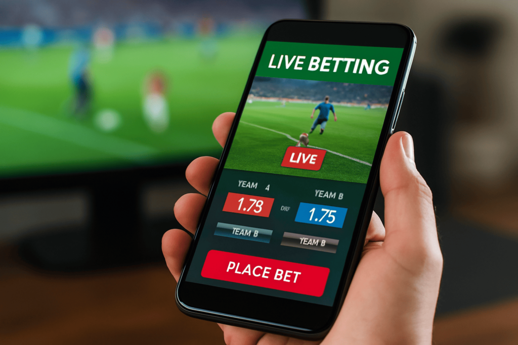 Person using a smartphone to place a live football bet with odds displayed on screen during a match