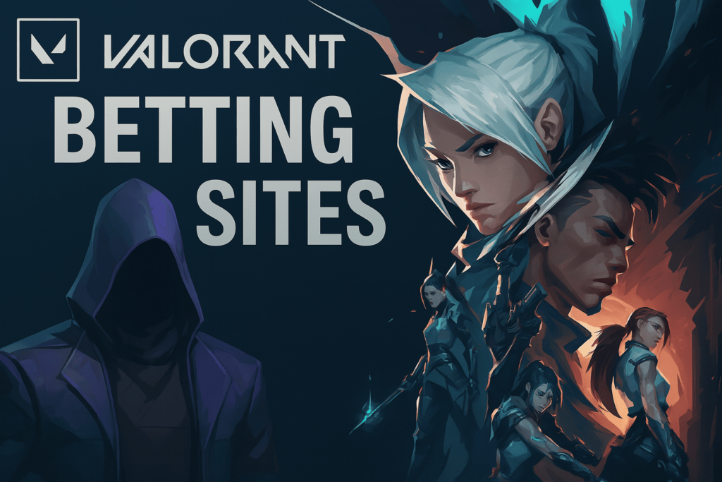 Valorant agents with bold title "Valorant Betting Sites" on a dark background.