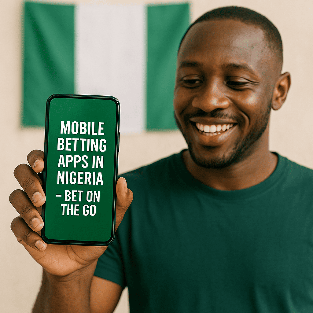 Nigerian man holding a phone displaying the text “Mobile Betting Apps in Nigeria – Bet on the Go”.