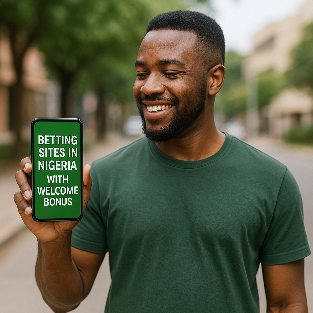 Nigerian man holding a smartphone facing forward, with welcome bonus text visible on the screen.