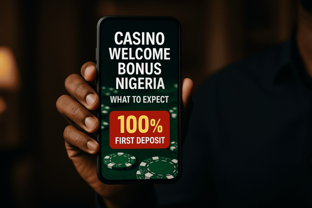 Dark-themed photo of a man holding a phone displaying “100% First Deposit” casino bonus.