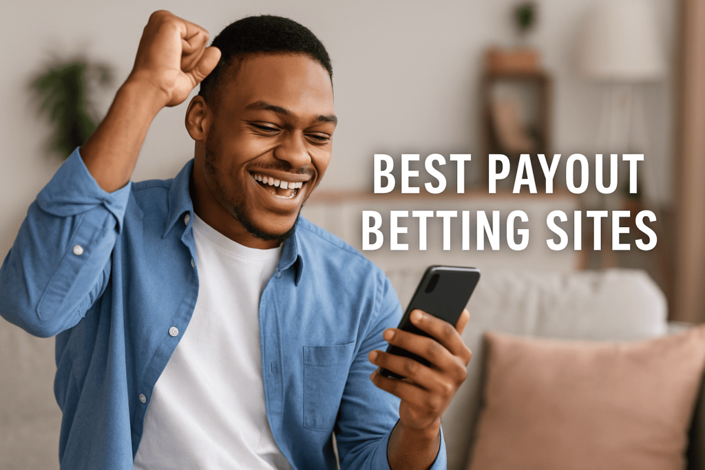 Young African-American man holding a smartphone with a "Best Payout Betting Sites" banner in the background.