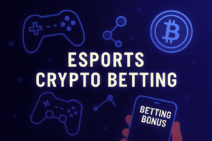 Esports crypto betting banner with game controllers, Bitcoin symbol, and a smartphone showing a betting bonus