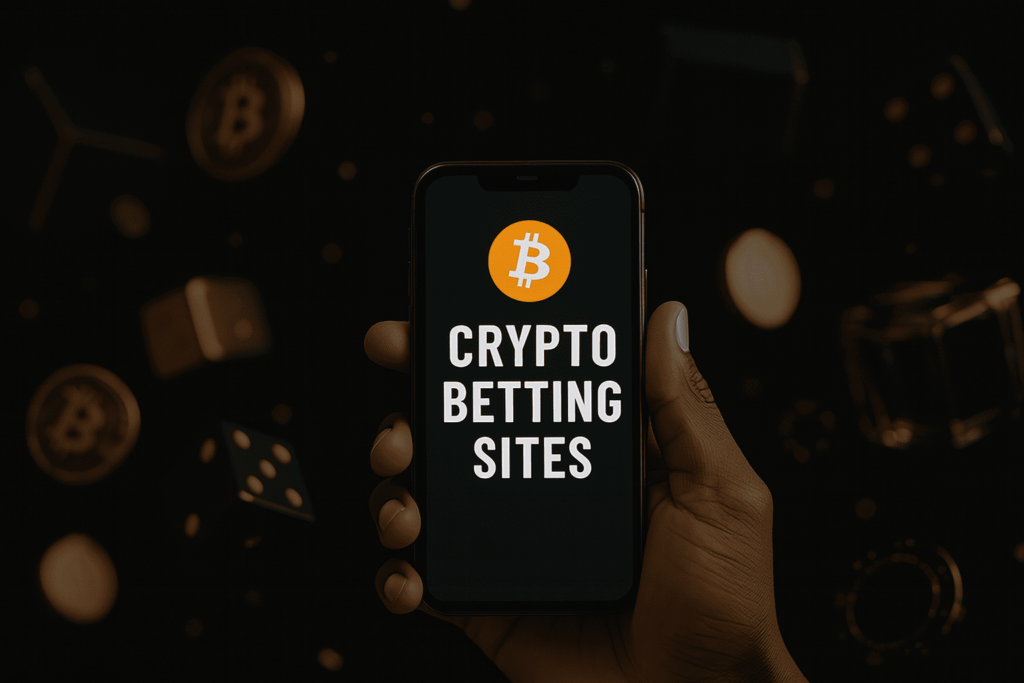 Dark-themed graphic with floating crypto elements and the text “Best Crypto Betting Sites” in bold lettering.
